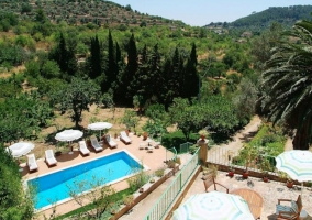 Vista aérea de piscina y terraza