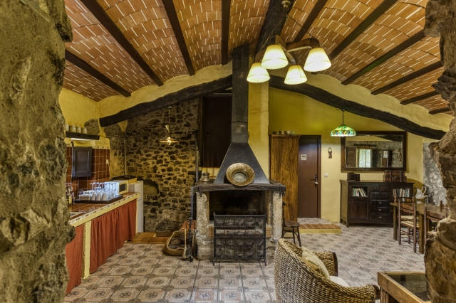 Sala con chimenea y cocina