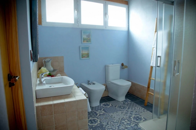 Un aseo en azul con ducha