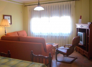 Sala de estar con sillones tapizados en naranja y comedor en la parte posterior