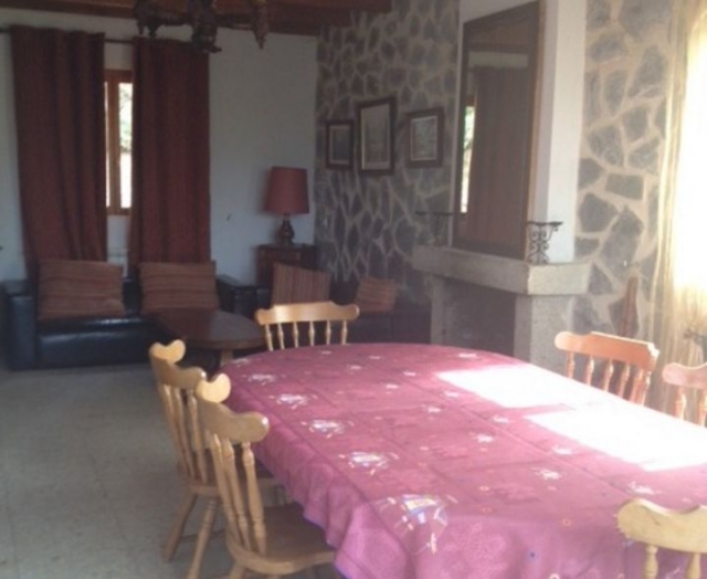 Sala de estar y comedor con chimenea