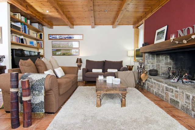 Sala de estar amplia con chimenea y libros