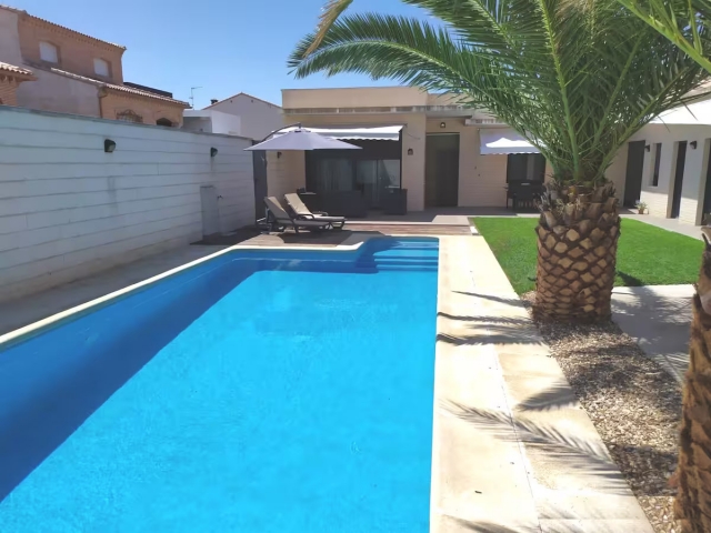 Amplia piscina con palmeras
