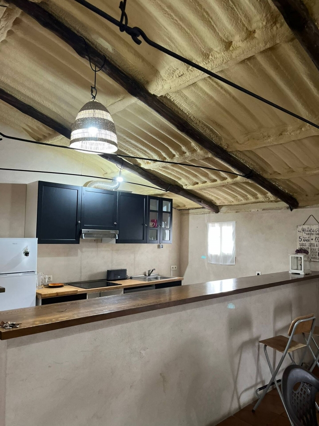 Cocina y techo abuhardillado