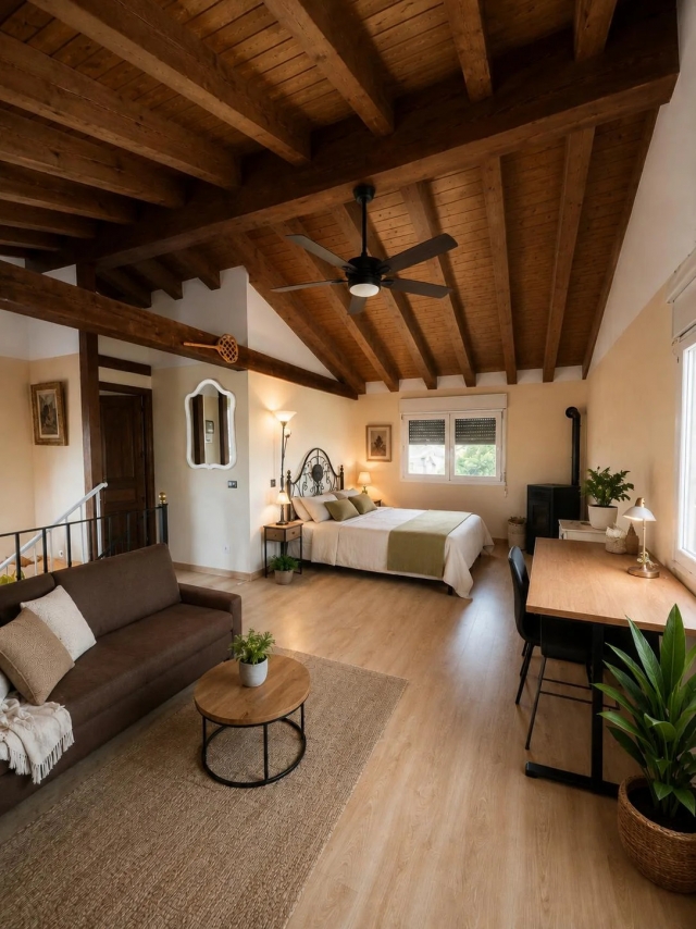 Dormitorio con chimenea