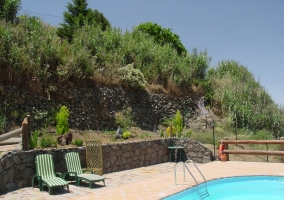 Piscina en forma de riñón con hamacas