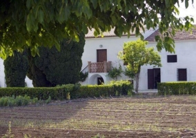 Vista del huerto exterior del cortijo y entrada al alojamiento