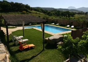 Piscina del alojamiento rodeada de hierba y con tumbonas