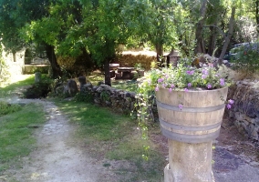 Lateral del jardín con la barbacoa