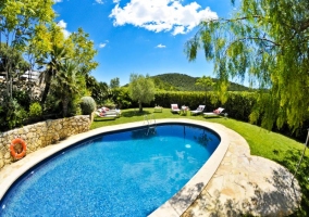 Piscina exterior con tumbonas al lado