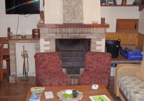 Sala de estar con chimenea junto al televisor de plasma