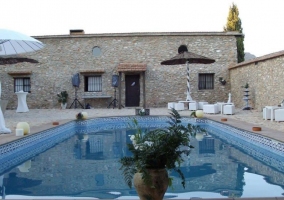 Acceso a la piscina con plantas decorativas