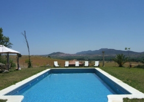 Vistas de la piscina con hamacas