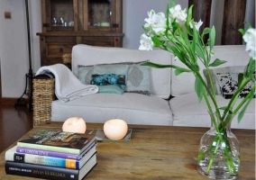 Sala de estar con libros sobre la mesa