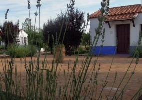 Acceso a la casa con fachada en azul y blanco