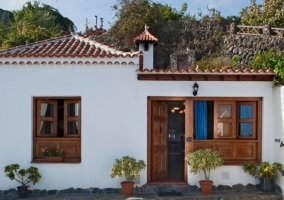 Acceso a la casa con plantas en las ventanas