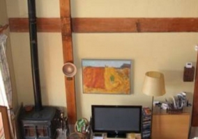 Sala de estar con chimenea y televisor