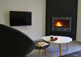 Sala de estar con chimenea encendida