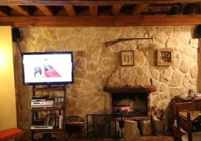 Sala de estar con frontal de piedra y chimenea
