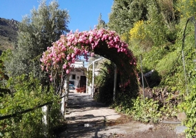 Entrada al alojamiento con flores