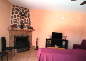 Sala con televisor y chimenea