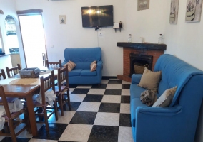 Sala de estar con chimenea y televisión