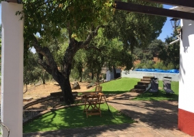 Sala de estar con la chimenea frente a los sillones de cuero