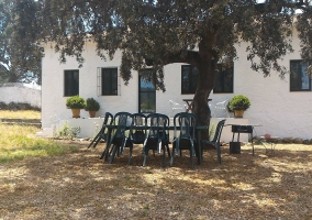 Sala de estar con chimenea y mesa de cristal