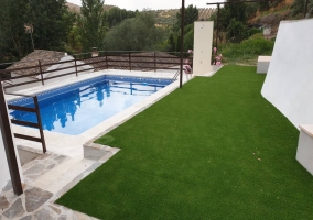 Amplia piscina exterior con ducha