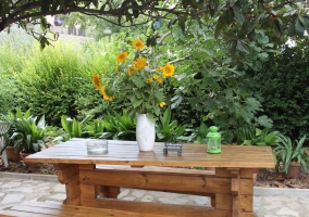 Terraza con mesa de madera