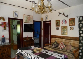 Comedor y sala de estar con lámpara de techo