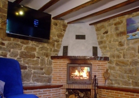 Detalle de la chimenea y las paredes de piedra en el salón