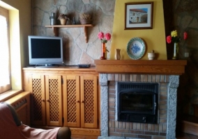 Sala de estar con chimenea junto al televisor